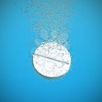 Effervescent medicine. Fizzy tablet dissolving. White round pill falling in water with bubbles. Green background. 3D illustration