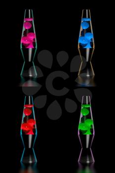 Set of four lava lamps. 70-ies style concept. Pink, red, blue and green lava lamps on black background with reflection. Graphic design elements for flyer, poster, invitation. Realistic 3D illustration