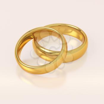 Two golden wedding rings in a heart shape on pink background. Love and marriage concept.