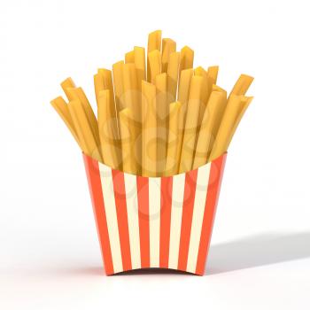 Fast food french fries in a container. Generic striped fried potato chip package isolated on white background. Graphic design element for restaurant advertisement, menu, poster, flyer. 3D illustration