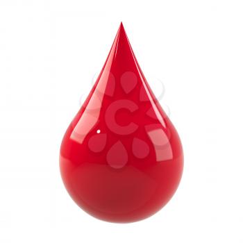 Blood drop isolated on white. Red fluid or ink. Donate blood, save life, clean blood concept. Graphic design element for poster, flyer, print manual, printer ink packaging. 3D illustration