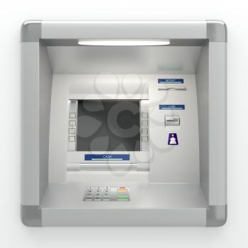 Atm machine with a card reader. Pin code safety, automatic banking, bank account access electronic cash withdrawal, concept. Display screen, buttons, cash dispenser, receipt printer. 3D illustration