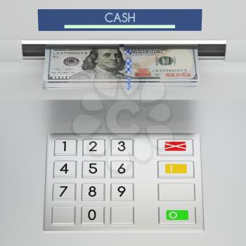 Atm machine keypad with 100 dollar banknotes in the money slot. Password security, online payment, cash withdrawal deposit, transfer funds, giving money returning bank debt concept. 3D illustration