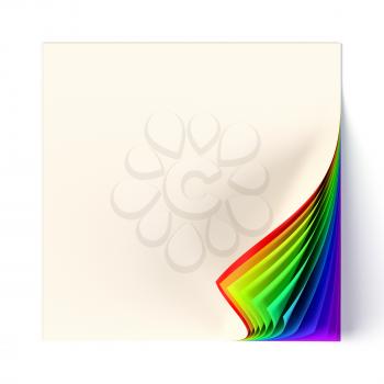 Blank square note page mock up with rainbow colored curled corner. Graphic design element with decorative colors and shadow. Diversity, love, equity, all colors of the rainbow concept. 3D illustration