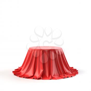 Round box covered with red fabric isolated on white background. Surprise, award, prize, presentation concept. Showroom stand. Reveal a hidden object, raise the curtain. 3D realistic illustration