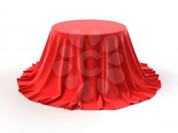 Round box covered with red fabric isolated on white background. Surprise, award, prize, presentation concept. Showroom stand. Reveal a hidden object, raise the curtain. 3D realistic illustration