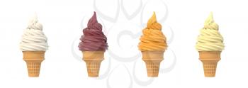 Soft ice icecream in waffle cones set, assortment of tastes, isolated on white background. 3D illustration