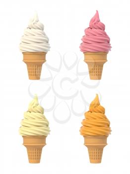 Soft ice icecream in waffle cone set. Isolated on white background. Delicious flavor summer dessert. Graphic design element for advertisement, menu, scrapbooking, poster, flyer. 3D illustration