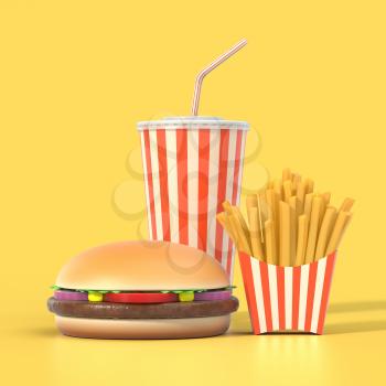 Fast food set on yellow background with shadow. Hamburger, french fries and cola in generic package with stripes. Graphic design element for restaurant advertisement, menu or poster. 3D illustration