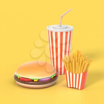 Fast food set on yellow background with shadow. Hamburger, french fries and cola in generic package with stripes. Graphic design element for restaurant advertisement, menu or poster. 3D illustration