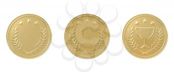 Gold, silver, bronze medals set. 1st, 2nd, 3rd place. Sports award, product ranking, best price, first place concept. Graphic design elements isolated on white background. Realistic 3D illustration