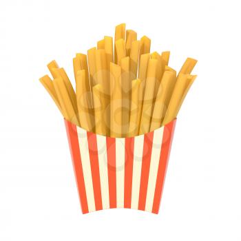 Fast food french fries in a container. Generic striped fried potato chip package isolated on white background. Graphic design element for restaurant advertisement, menu, poster, flyer. 3D illustration