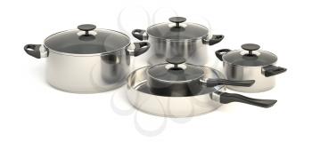 Stainless steel pots and pans on white background. Set of five cooking kitchenware with glass see through lids. 3D illustration.