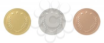 Gold, silver, bronze medals set. 1st, 2nd, 3rd place. Sports award, product ranking, best price, first place concept. Graphic design elements isolated on white background. Realistic 3D illustration