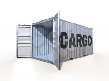 Empty ship container with the word CARGO on the side, with open doors, isolated on white background. 3D illustration