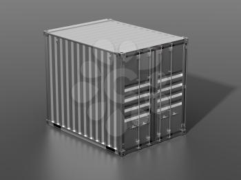 Ship cargo container 10 feet length. Dark grey metallic freight box with shadow grey background. Marine logistics, harbor warehouse, customs, transport shipping concept. 3D illustration