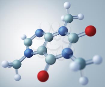 Caffeine molecular model. Caffeine is an alkaloid that acts as a central nervous system stimulant