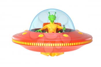 Illustration of UFO with green alien. 3D illustration