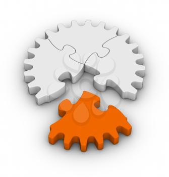 gear of jigsaw puzzles with one orange piece