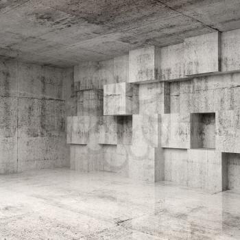 Abstract concrete 3d interior with cubes on the wall