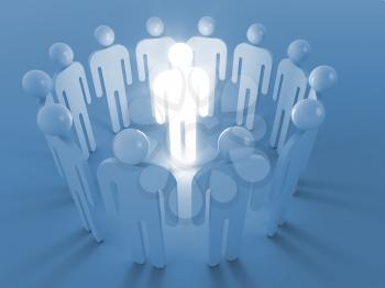 Creativity idea metaphor illustration. One shining man stand in round of ordinary people