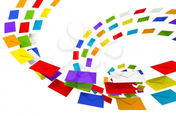 Colorful envelopes stream isolated on white as a metaphor of happy chain letters