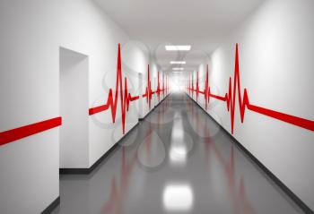 An abstract white hospital corridor with doors and red pulse lines on walls