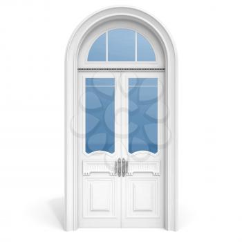 Classical architecture style interior object: white wooden door with reflected glass sections,  isolated on white