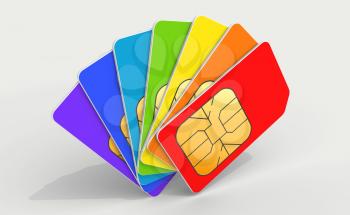 Colorful phone SIM cards in a deck above light gray background. 3d render illustration