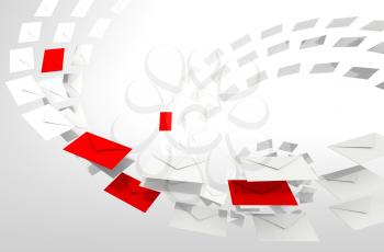 Illustration of Spam e-mail concept with white and red envelopes stream
