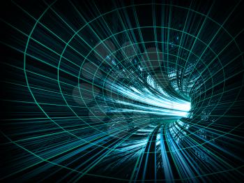 Abstract background: fast motion in turning blue tunnel with the light at the end