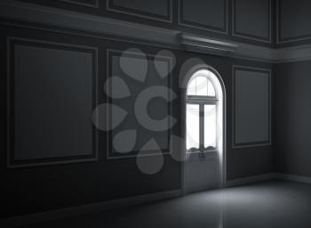 Abstract dark night palace empty room interior with illuminated door