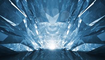 Abstract 3d background. Crystal corridor with rugged walls and glowing end