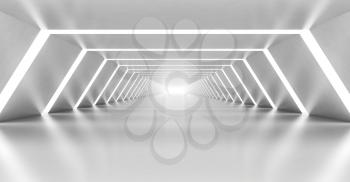 Abstract illuminated empty white corridor interior made of shining metal, 3d illustration