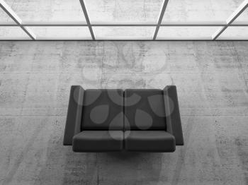 Abstract interior, concrete office room with window and black sofa, 3d illustration