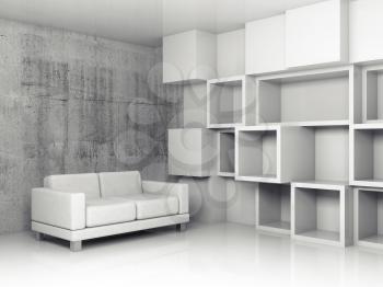 Abstract interior, concrete office room with white cubic relief decoration on the wall and black leather sofa, 3d illustration