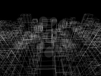 Digital background with cubic 3d structure, white wire-frame lines over black background