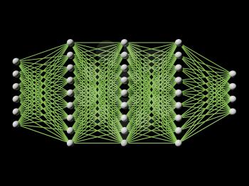 Artificial deep neural network, schematic model isolated on black, frontal view, 3d render