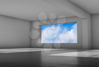 Empty white room with wide window and shiny concrete floor, abstract interior background, 3d illustration