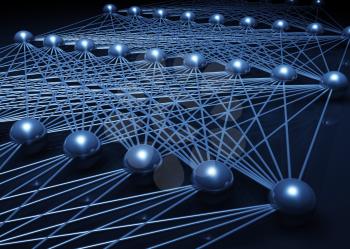 Artificial neural network fragment, cg illustration with schematic blue structure model, 3d render