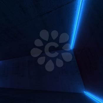 Abstract empty dark concrete interior with blue neon lights, square 3d render illustration