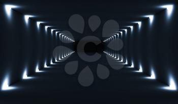 Abstract dark empty tunnel interior perspective with spot lights illumination. Digital 3d illustration