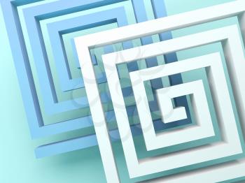 Abstract square spirals over blue green background, 3d render illustration