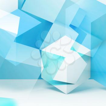 Abstract square graphical background, blue white mesh of chaotic geometric shapes. 3d rendering illustration