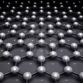 Graphene layer, schematic molecular model of hexagonal lattice. Square 3d illustration