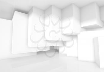 Abstract empty room interior design with white cubes. Modern architecture background, 3d illustration