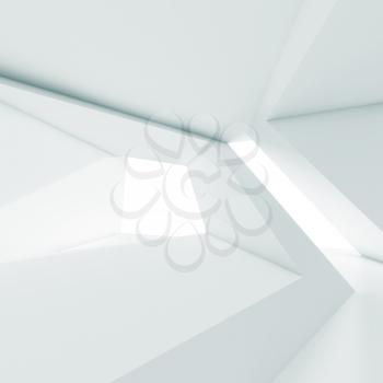 Abstract white room interior with window and modern geometric structures. Empty architecture background, 3d render illustration