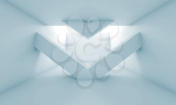 Abstract white room with decorative geometric installation, blank hall interior background, blue toned 3d illustration