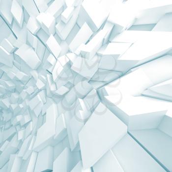 Abstract square digital background, white chaotic sharp fragments pattern with soft blue shadows, 3d illustration