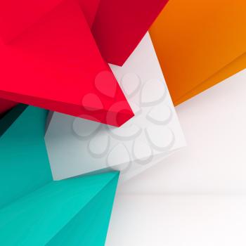 Abstract white interior background with colorful polygonal structure, 3d render illustration